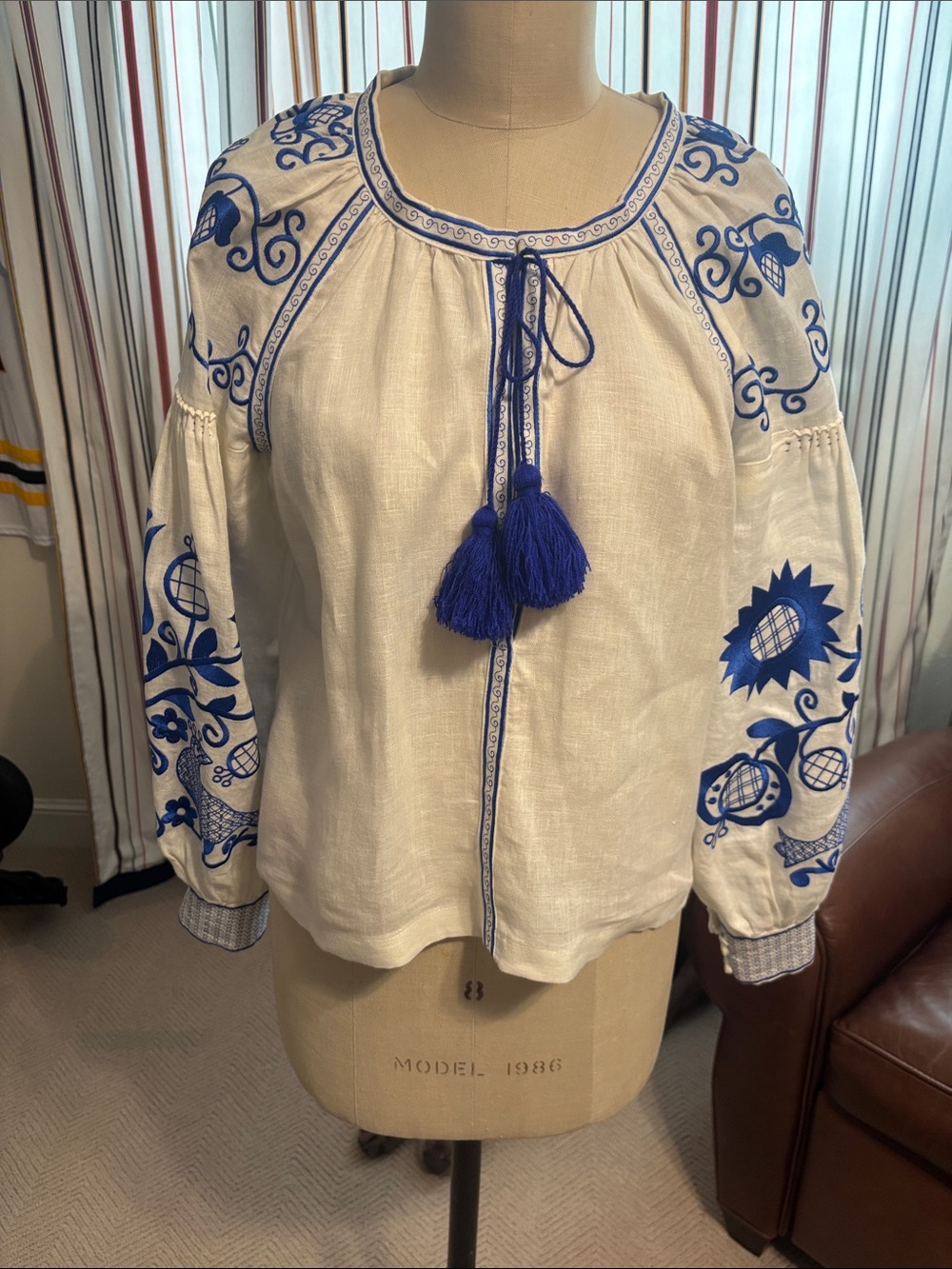Boho Embroidered Peasant Top with Blue Tassel Tie